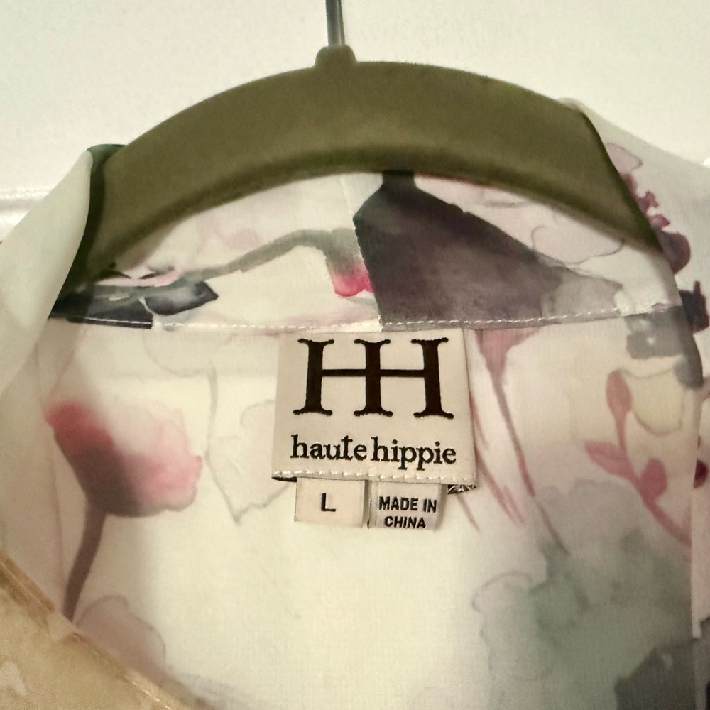 Haute Hippie Boho Mini Dress Silk Blend Flowery Festival Beige Neutral - Size L - Picture 3 of 6
